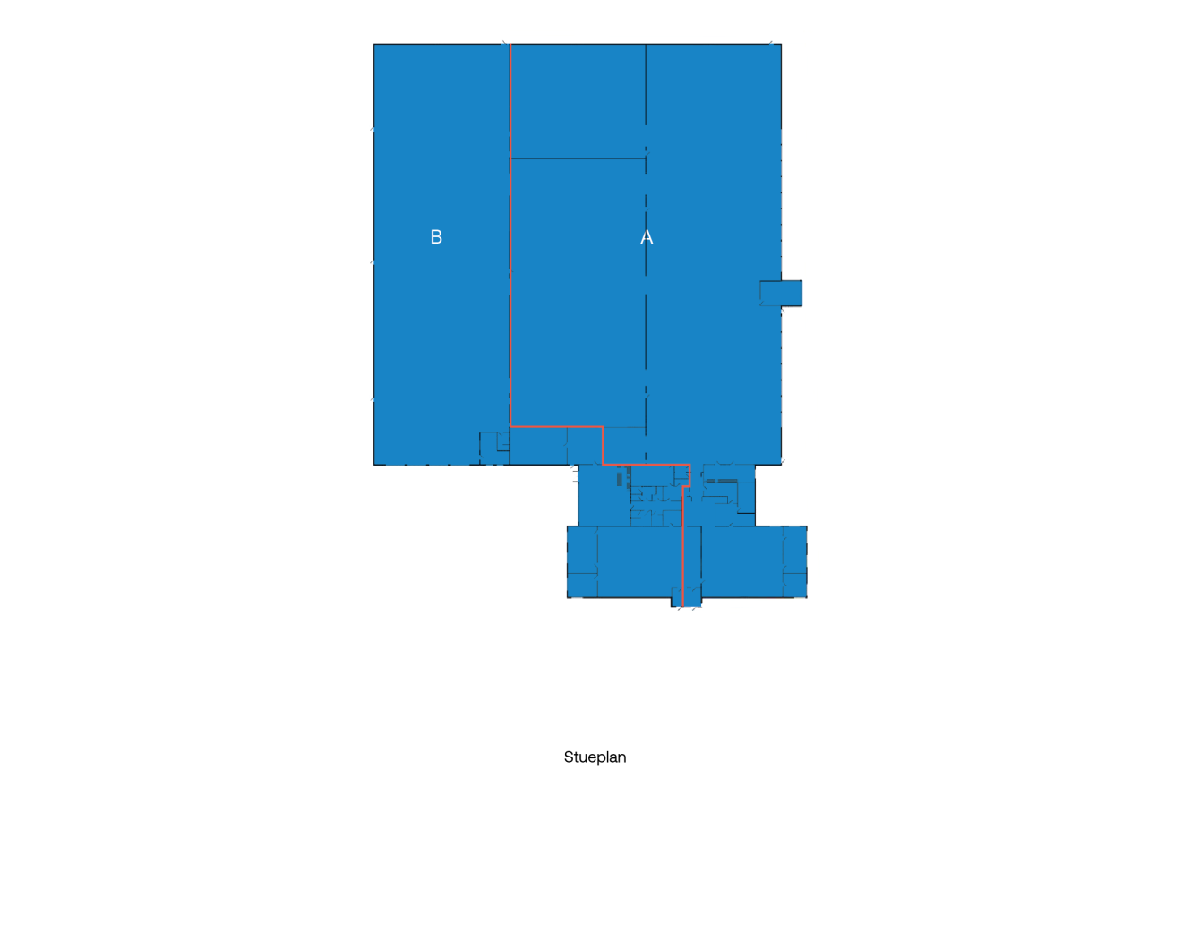 Plantegning med to store markerede sektioner, A og B, skraveret med blåt; mindre rum og gange er nedenfor. Ordet Stupain står nederst i midten.