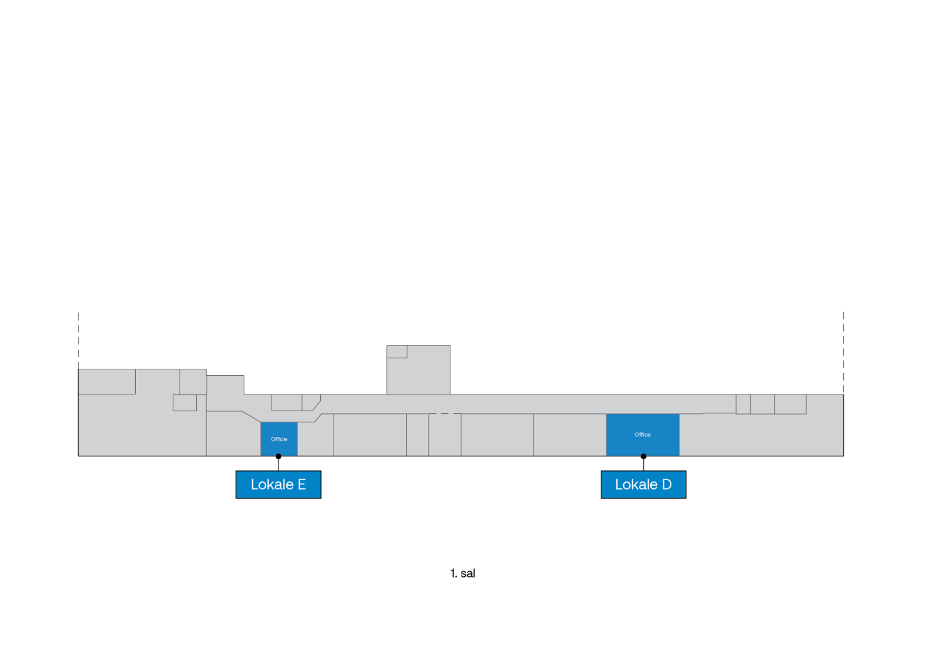 Plantegning af første sal med lokaler mærket Lokale E og Lokale D markeret med blåt, samt flere mindre kontorlokaler.