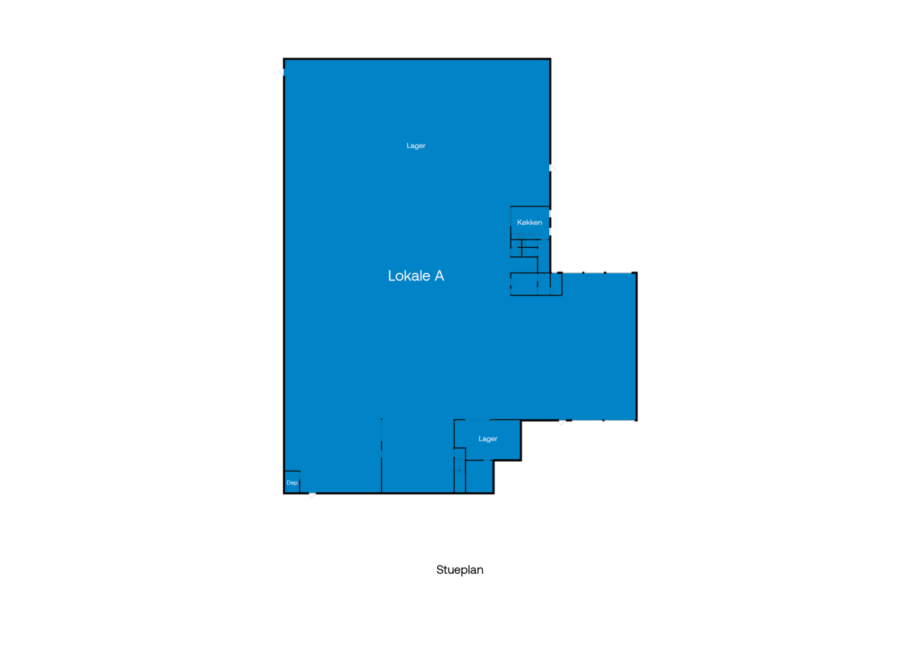 Tegning af en grundplan mærket Lokale A med områder mærket Lager, Køkken og Stueplan. Flere rum og opbevaringsområder er vist.