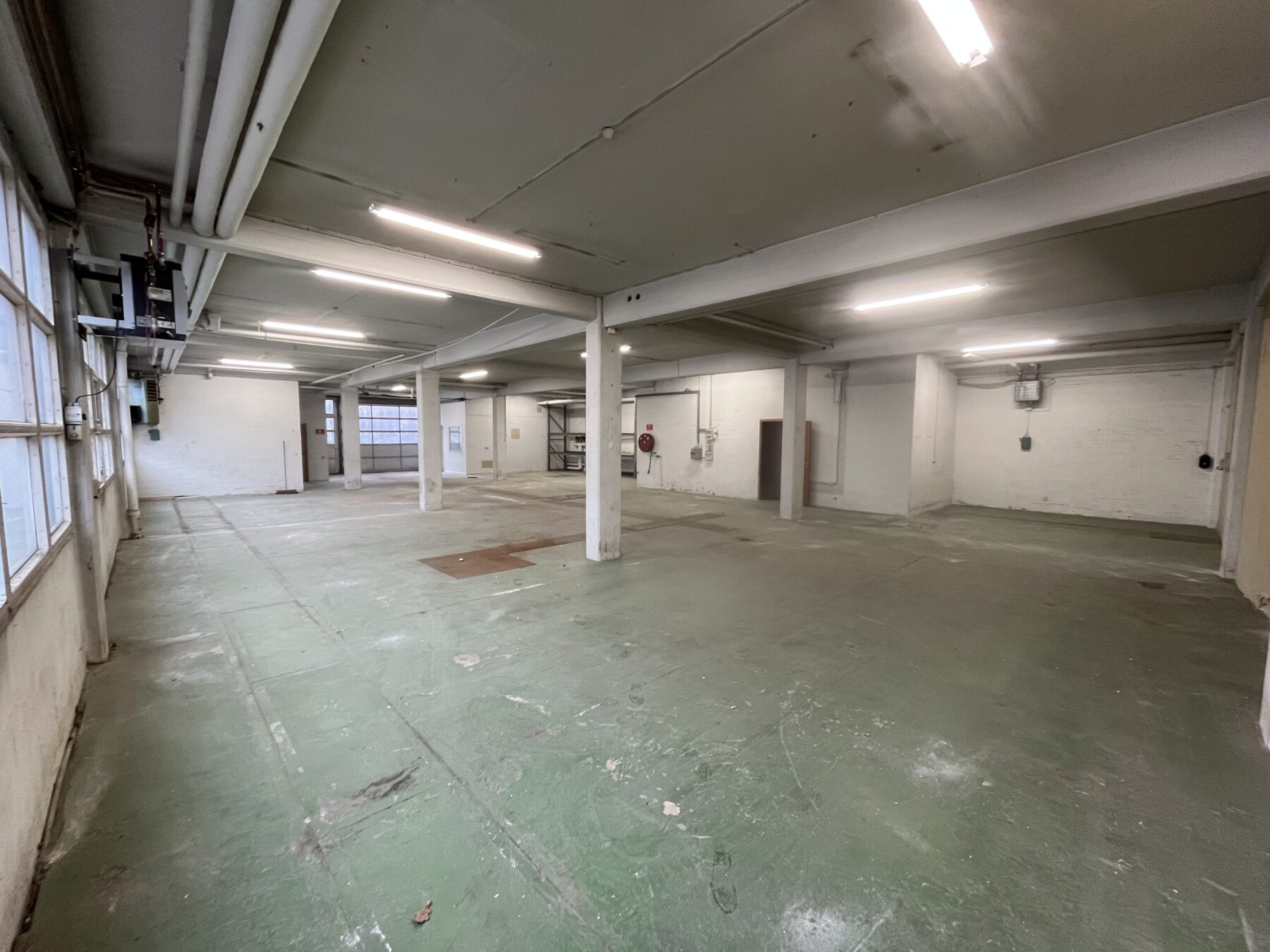 Stort, tomt industrilager med grønt, slidt betongulv, lysstofrør, hvide vægge, bærende søjler og vinduer langs den ene side.