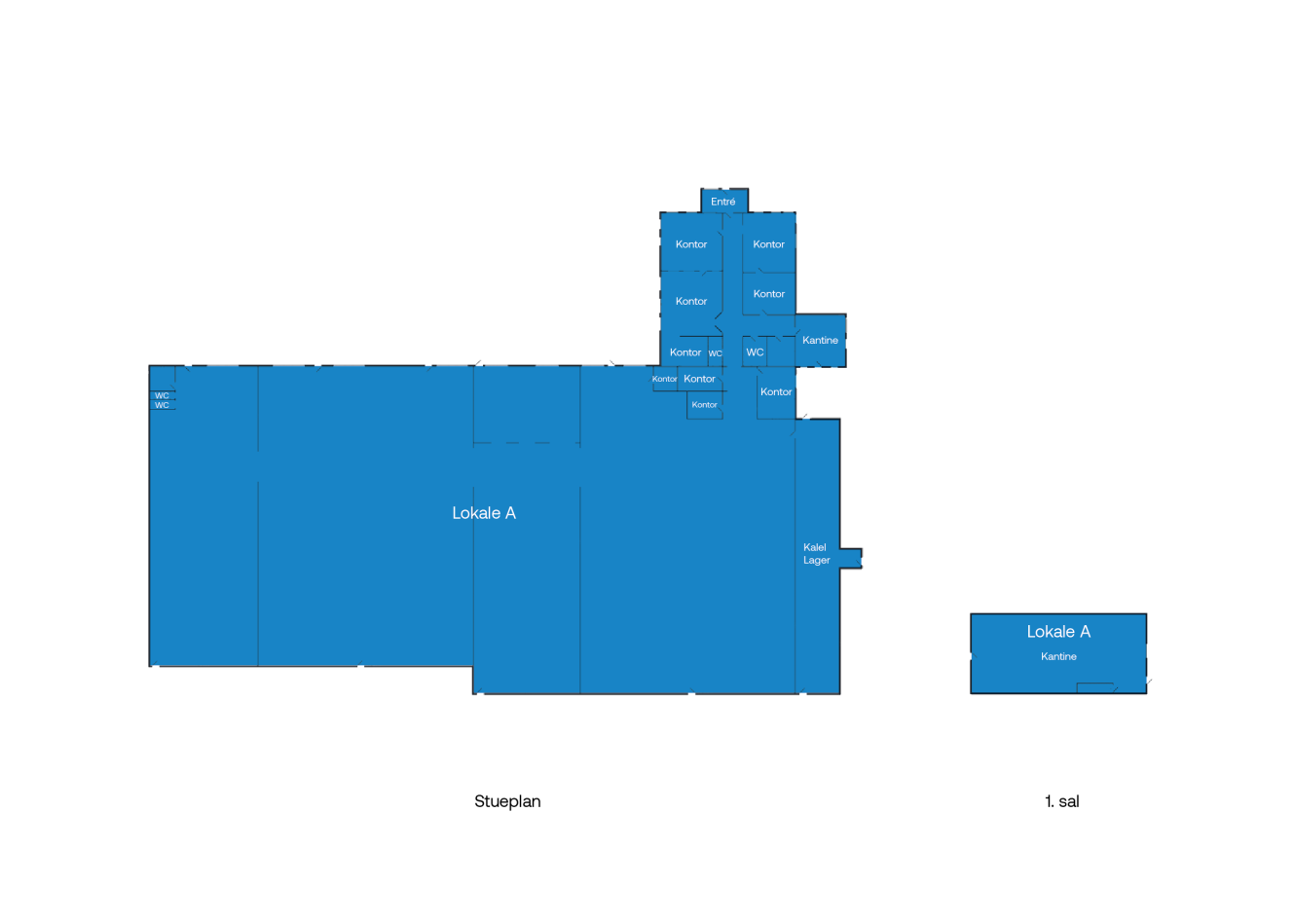 Plantegning med markerede rum og kontorer, herunder Lokale A, Kontor, Teknik, WC, Køkken og Kantine i stueplan og på første sal.