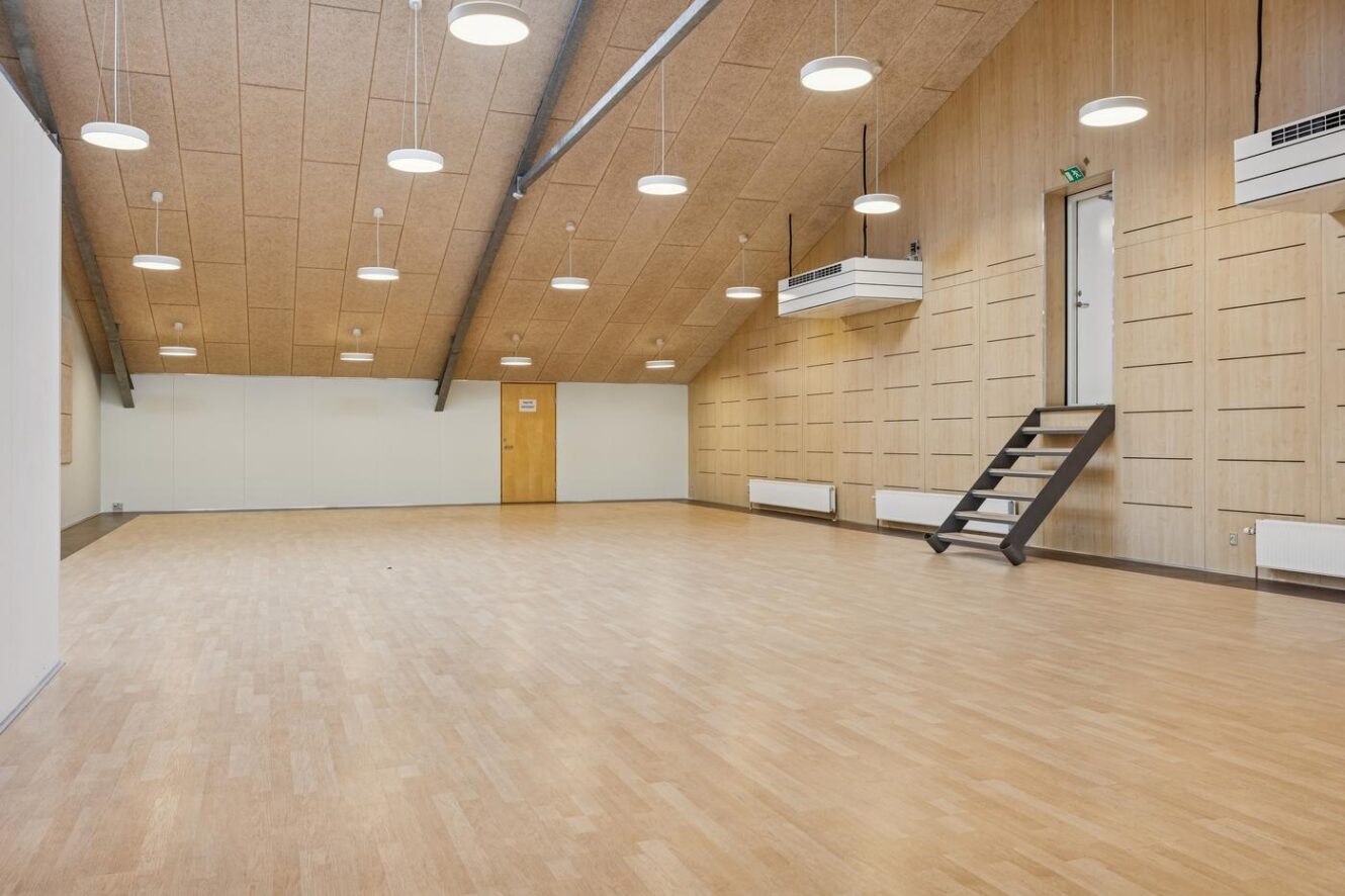 Rummeligt, tomt rum med lyse trægulve, skråt træloft, moderne belysning og en trappe til en dør på bagvæggen.