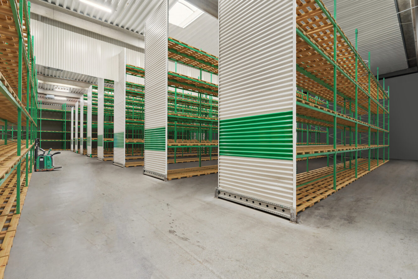 Et rummeligt lagerinteriør med rækker af tomme grønne metalreoler i træ på et rent betongulv under kraftig belysning.