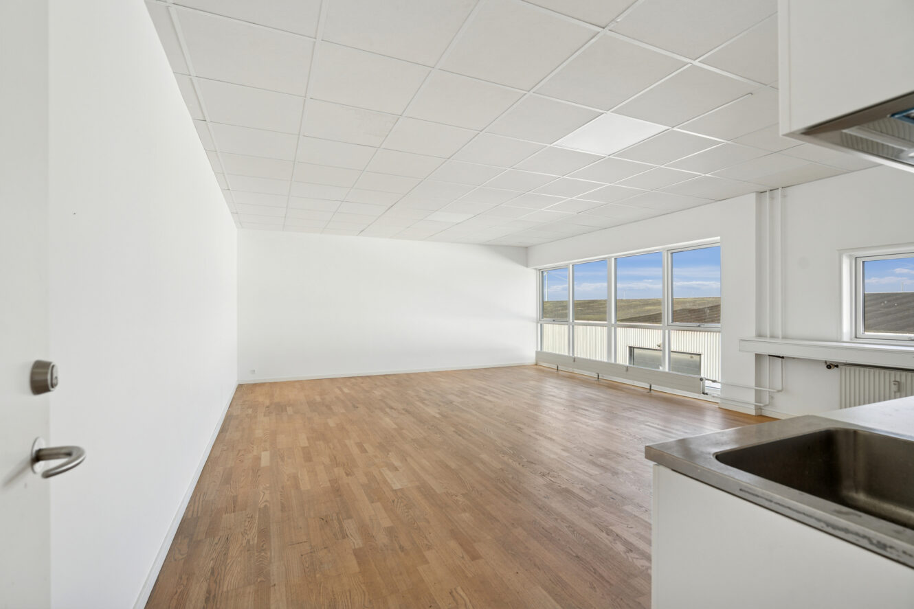 Tomt, umøbleret rum med hvide vægge, flisebelagt loft, trægulv, store vinduer og delvis udsigt til en køkkenvask i forgrunden.