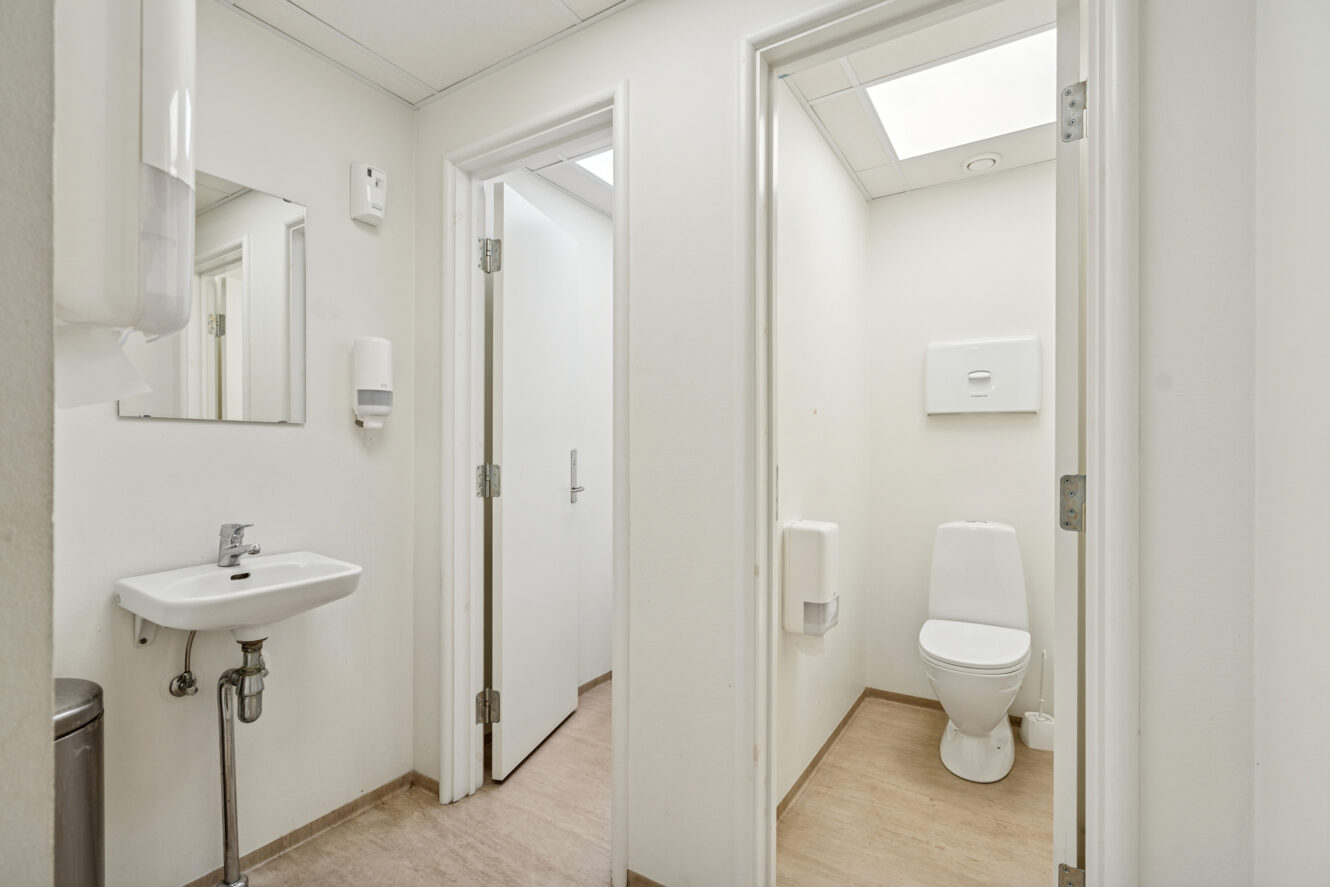 Et rent, moderne toilet med en hvid vask, spejl og sæbedispenser til venstre og en separat toiletkabine med en lukket dør til højre.