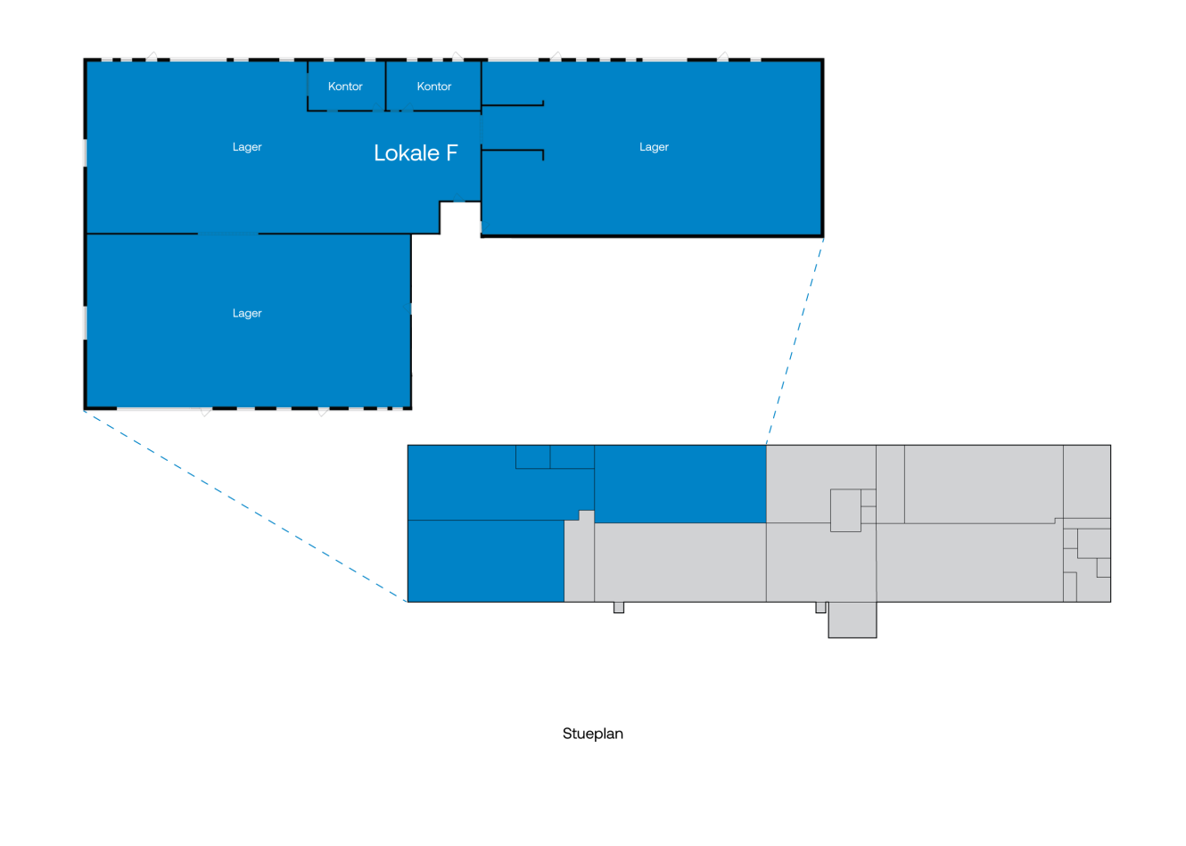 Grundplan med Lokale F og tilstødende områder markeret med blåt; kontorer mærket Kontor; hovedkort nederst med forstørret blåt udsnit over.