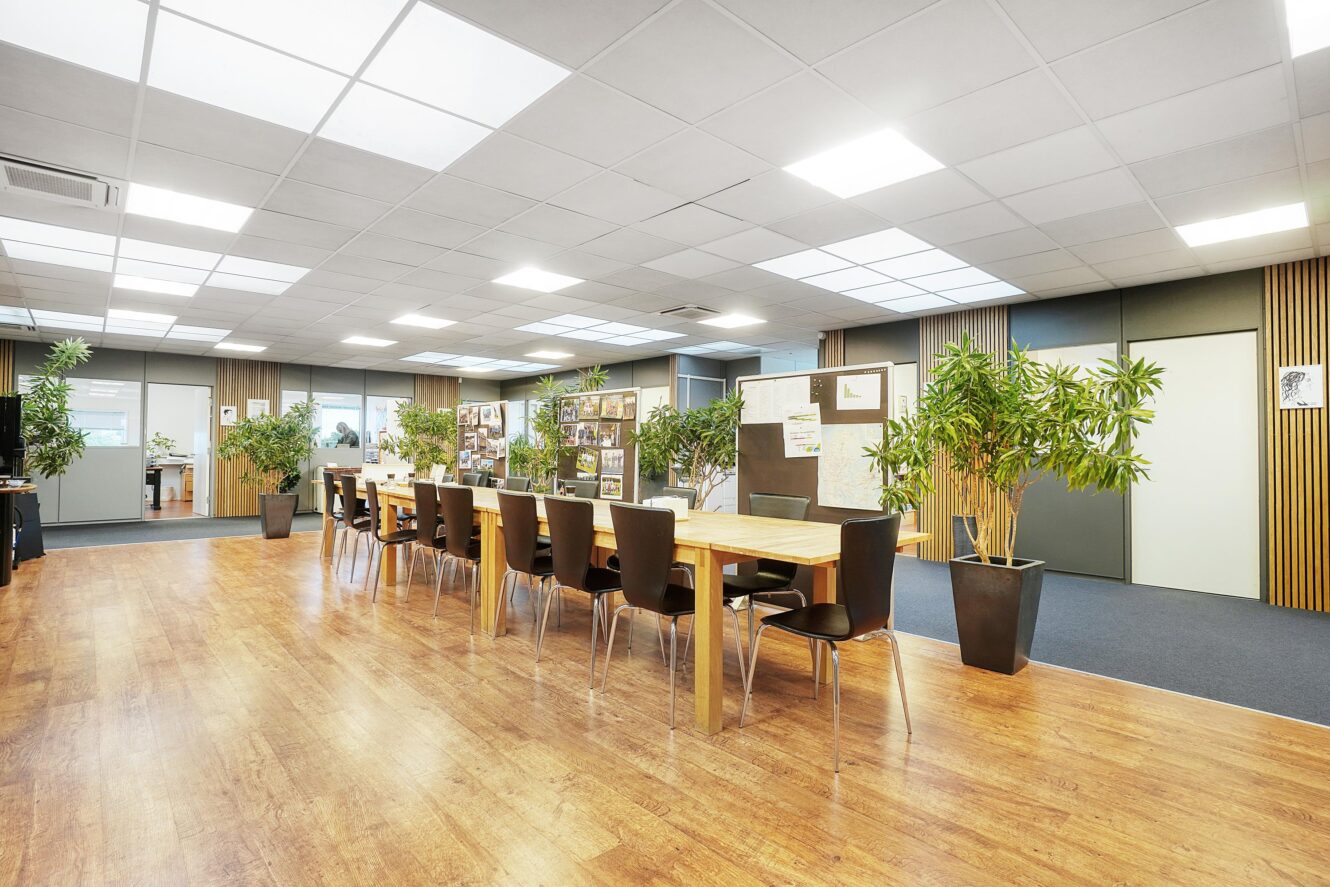 Et rummeligt, moderne kontor med trægulve, lange borde med sorte stole, potteplanter, opslagstavler og loftslamper.