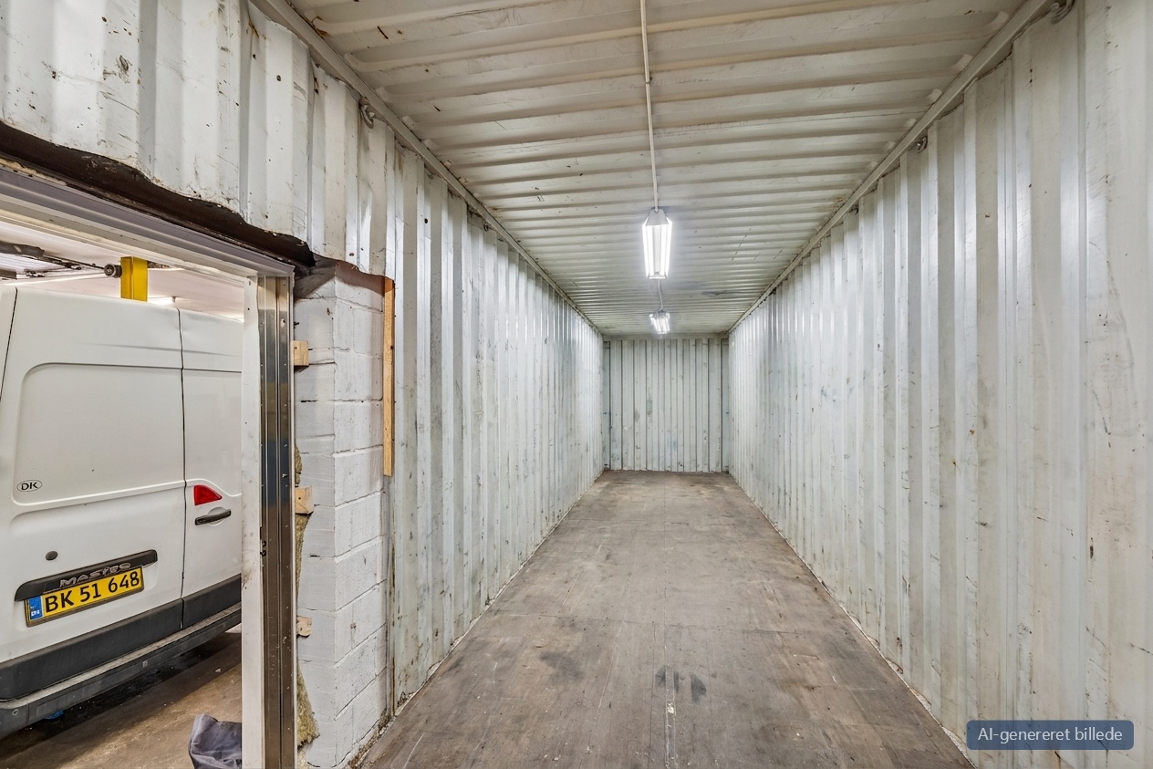 En lang, tom skibscontainer med metalvægge og -loft, oplyst af lysstofrør; en hvid varevogn er delvis synlig gennem en åben dør.