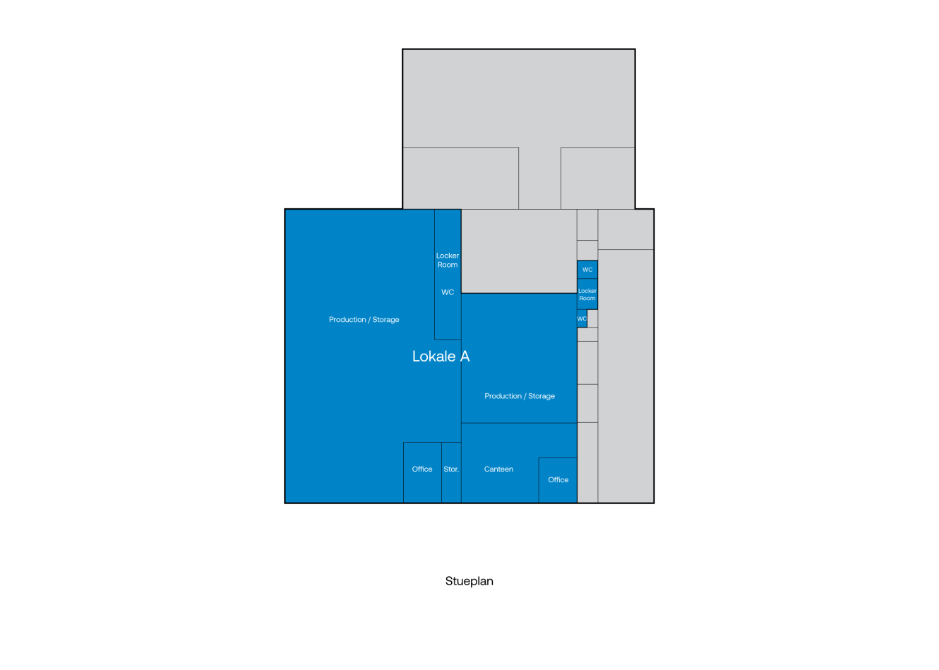 Etageplan mærket "Stueplan", der viser rum, herunder Lokale A, produktion/lager, skabe, toilet, lager, kantine og kontorer; Lokale A er det største rum.