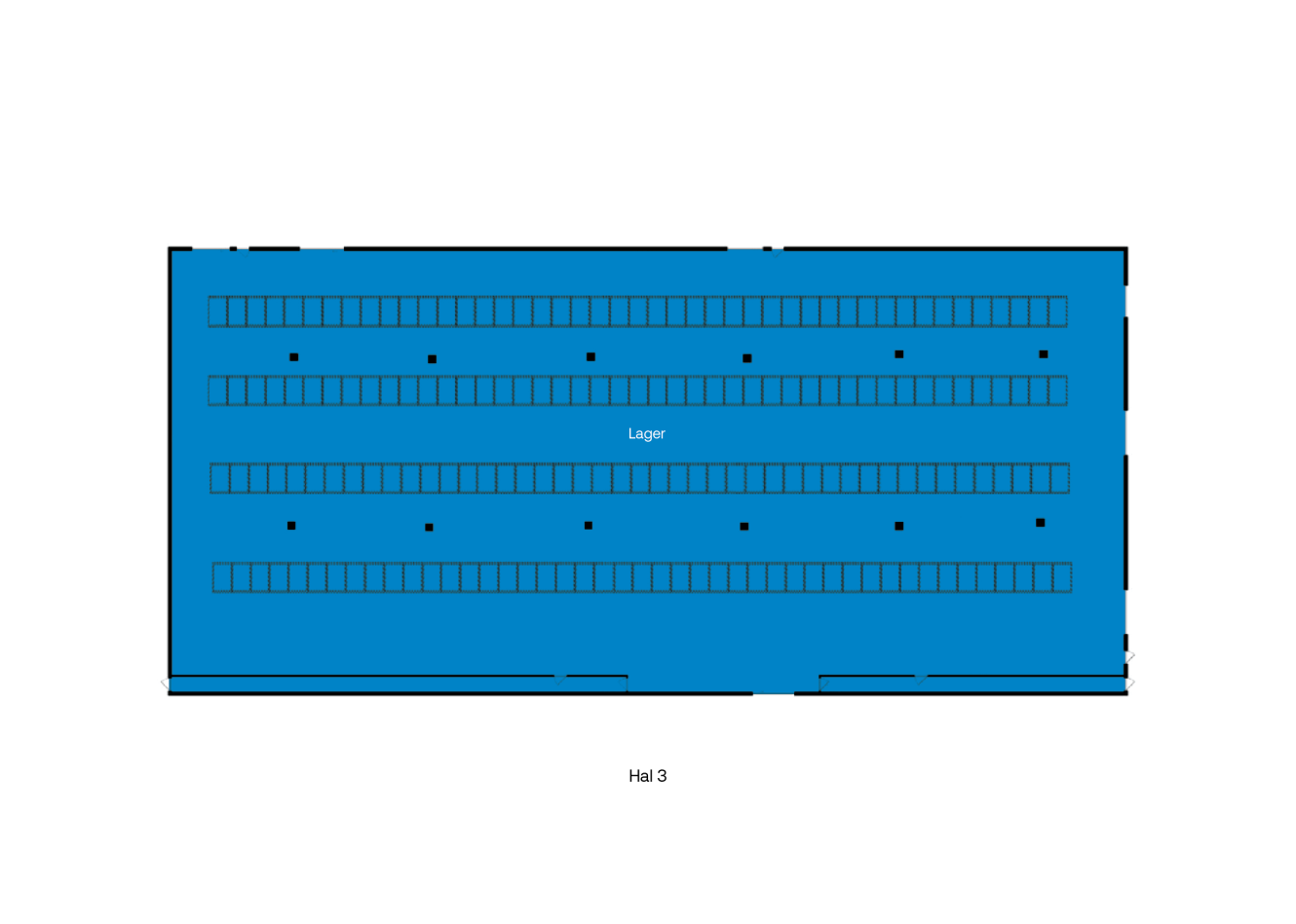 Plantegning af en rektangulær lagerhal mærket Lager med fire rækker reoler, flere små sorte firkanter og mærket Halle 3 nederst.