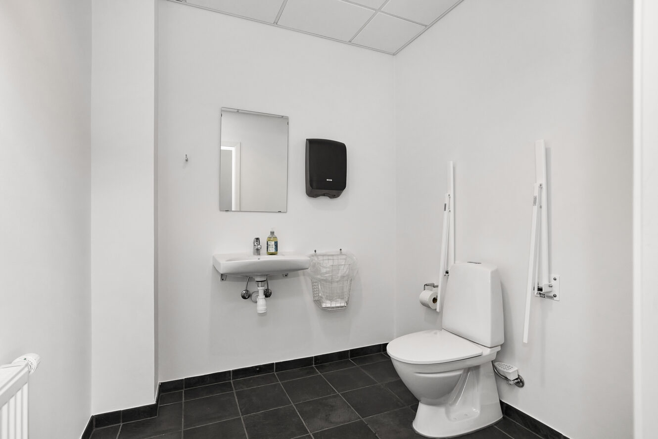 Minimalistisk, tilgængeligt badeværelse med væghængt håndvask, spejl, sæbedispenser, papirhåndklædedispenser og et toilet med støtteskinner på begge sider. Sort klinkegulv og hvide vægge.