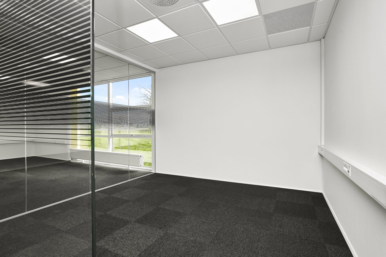 Tomt, moderne kontorlokale med glasskillevæg, gulvtæppe, stort vindue og hvide vægge. Naturligt lys kommer ind gennem vinduet og viser en udsigt over græs og udendørs træer.