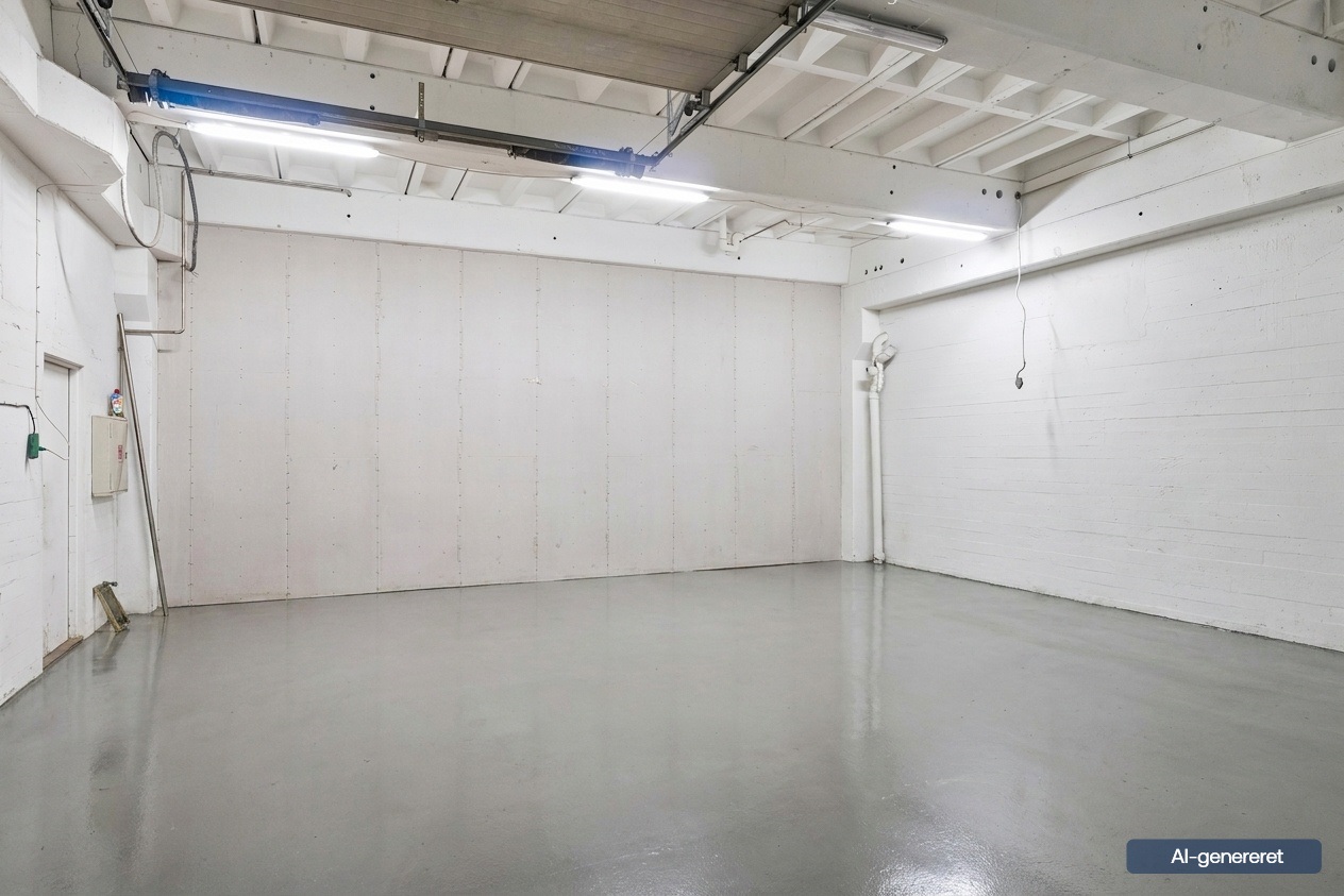 Tomt industrilager med hvide vægge, højt loft, synlige bjælker, støttepiller, betongulv og åben garageport.