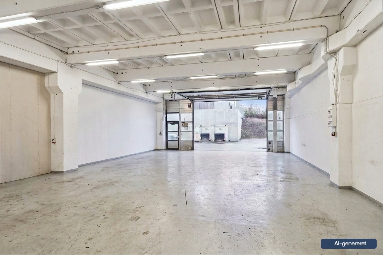 Tomt industrilager med hvide vægge, højt til loftet og en stor, åben garageport ud mod det fri. Lysstofrør i loftet.