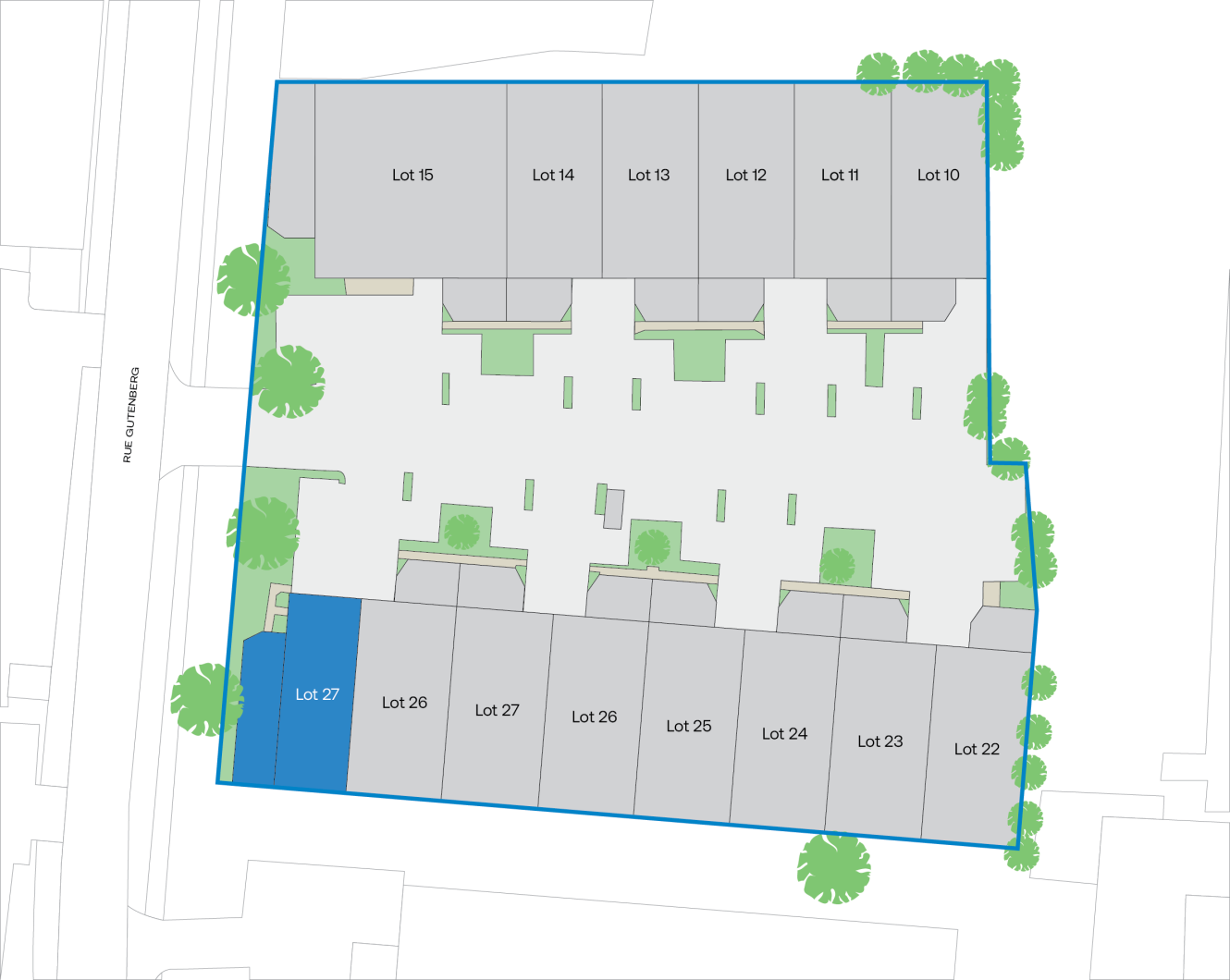 Plan de situation avec les lots 10-15 et 22-27 autour d'une cour centrale avec des arbres et des chemins ; le lot 27 est surligné en bleu.