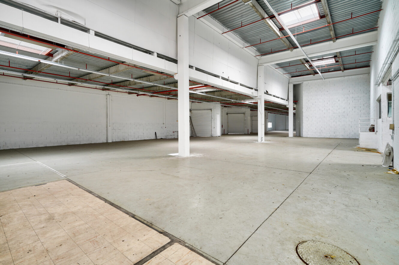 Entrepôt industriel vide aux murs blancs, hauts plafonds, poutres apparentes et sols en béton, éclairé par la lumière naturelle des puits de lumière et des fenêtres.