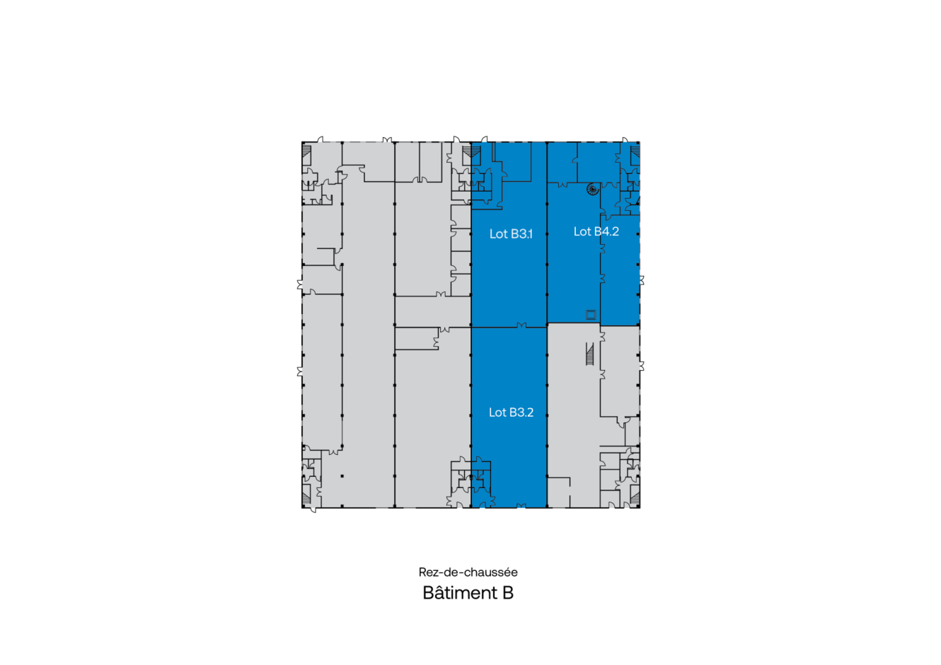 Plan du rez-de-chaussée du bâtiment B, avec les lots B3.1, B3.2 et B4.2 surlignés en bleu ; les autres zones apparaissent en gris.