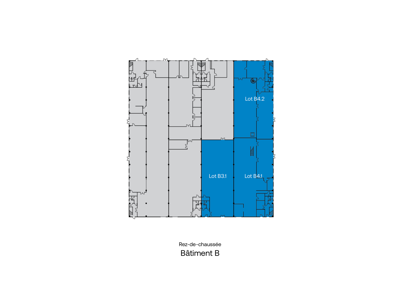 Plan du rez-de-chaussée du bâtiment B, sur lequel les lots B31, B41 et B42 sont surlignés en bleu, les autres zones étant en gris. Les légendes sont en français.