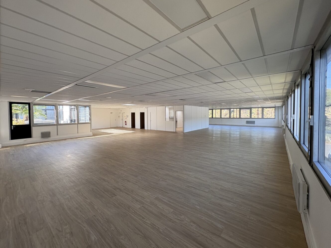 Un grand bureau vide avec un sol en bois stratifié, des murs blancs, un plafond quadrillé et de grandes fenêtres de chaque côté.