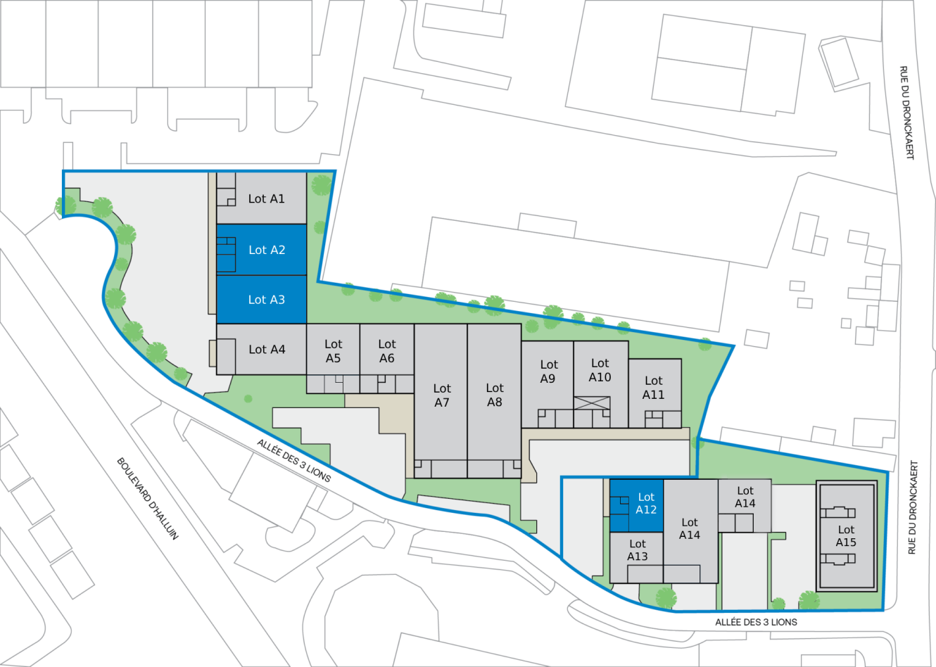 Plan du site présentant les parcelles constructibles A1 à A13, les espaces verts aménagés, les routes et les chemins bordés par les rues avoisinantes.