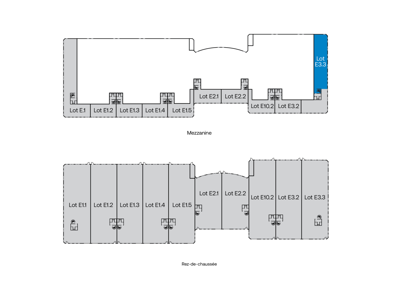 Plan d'étage avec deux niveaux étiquetés Mezzanine et Rez-de-chaussée ; le lot E33.3 est surligné en bleu sur les deux niveaux.