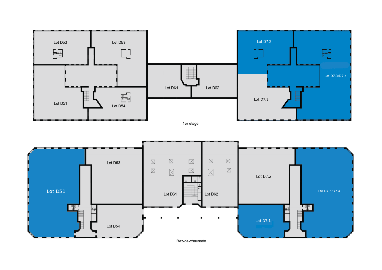 Plan d'étage montrant deux niveaux avec différents lots étiquetés D51, D52, D53, D54, D71, D71A, D71B, et D72, avec certains lots en bleu et d'autres en gris.