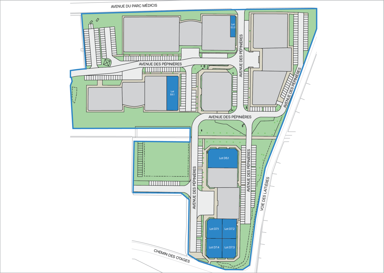 Plan du site montrant plusieurs lots étiquetés, les empreintes grises des bâtiments, les aires de stationnement et les routes environnantes, y compris l'avenue des Pépinières et le chemin des Coteaux.
