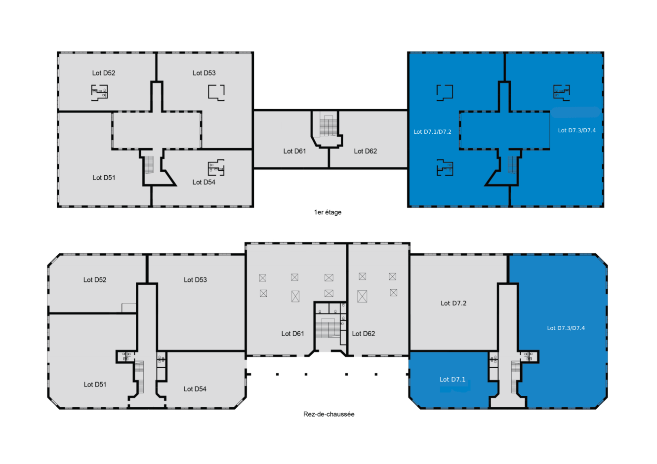 Plan d'étage avec les lots étiquetés sur deux niveaux ; les lots D 7.1, D 7.2, D 7.3, et D 7.4 sont surlignés en bleu, les autres sont en gris.