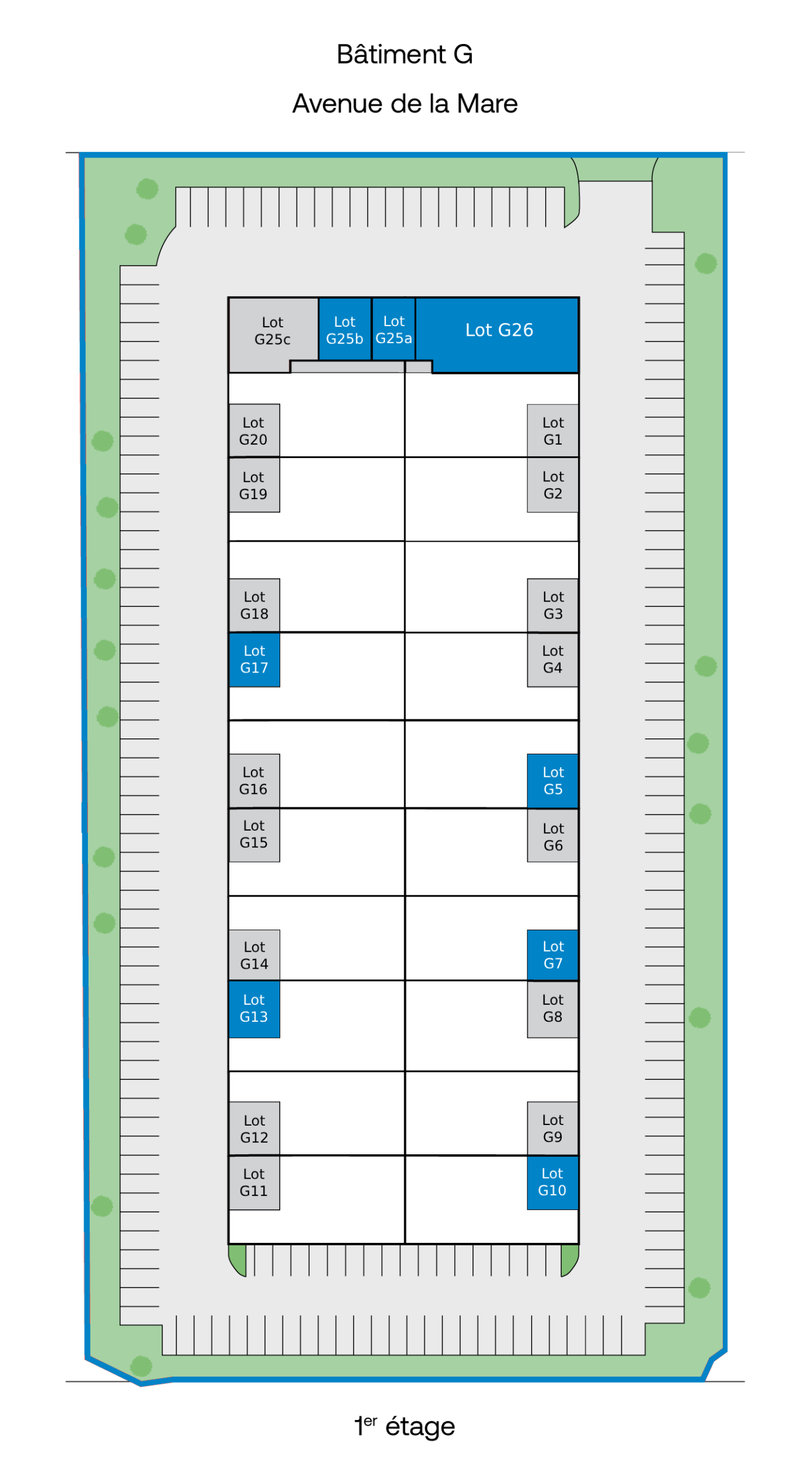 Plan du parking du Bâtiment G, montrant les places de parking numérotées avec certains lots (G26, G20, G15, G13, G10, G2) surlignés en bleu. Les places sont disposées autour d'une allée centrale.