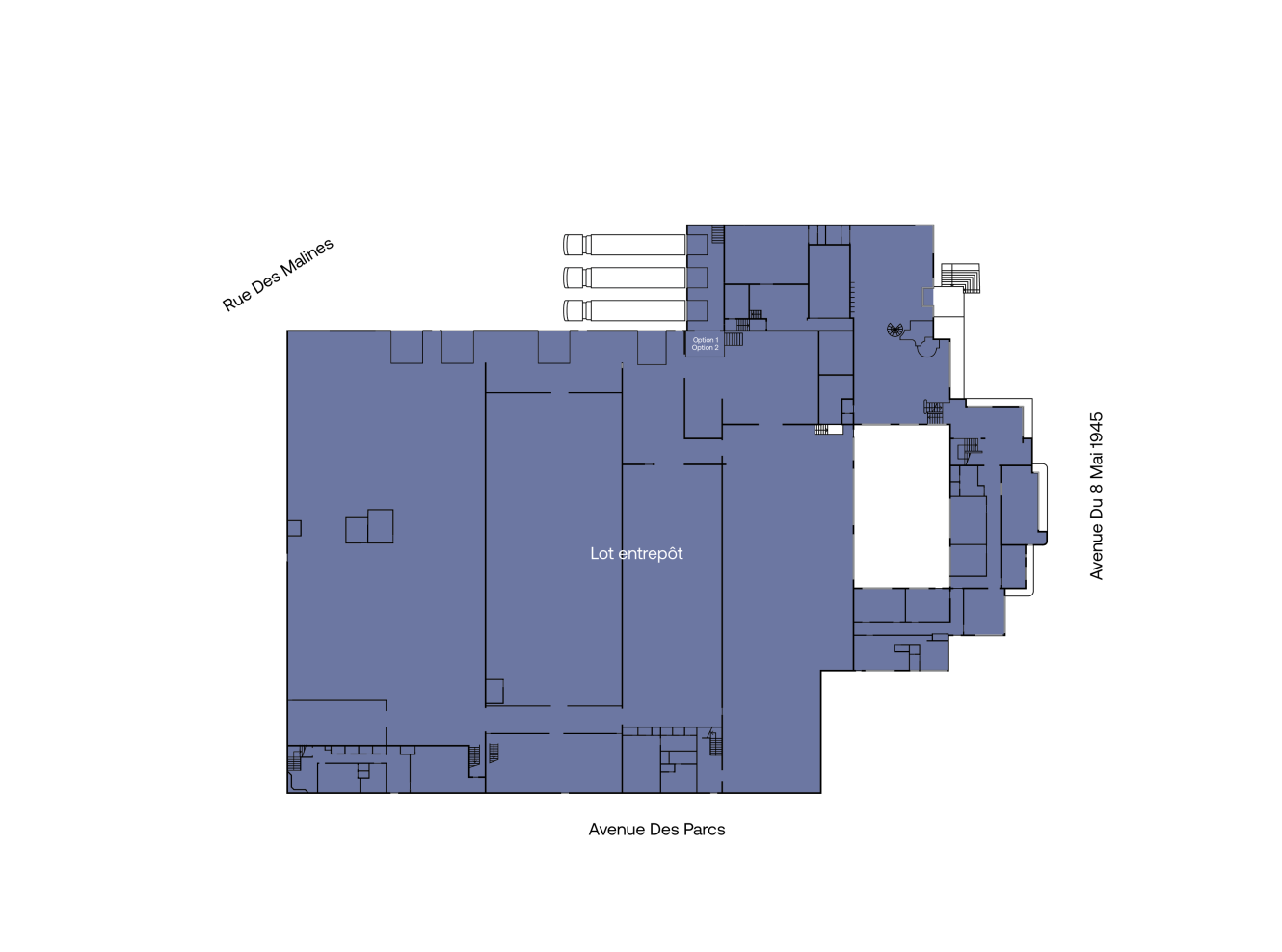 Plan de l'entrepôt marqué Lot entrepôt, bordé par la rue Des Machines, l'avenue Des Parcs et l'avenue Du Midi Sud, avec différents locaux et quais de chargement étiquetés.