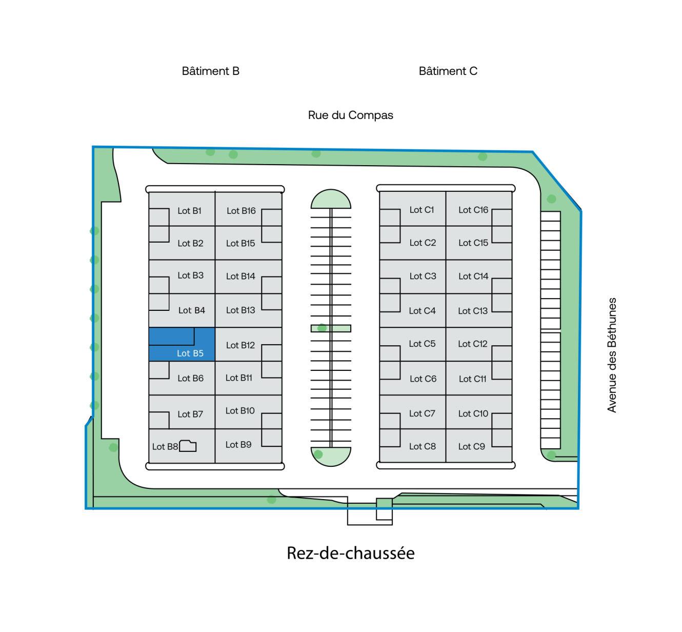 Plan du site avec les bâtiments B et C, les parkings, les unités des lots B1-B8 et C1-C9 ; le lot B5 est en bleu. Rues : Rue du Compas, Ave des Béghines.