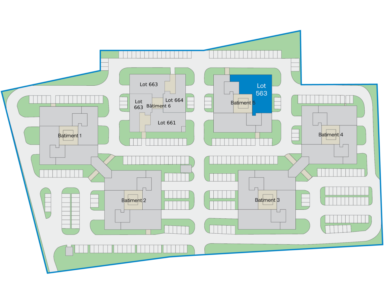 Un plan du site montrant six bâtiments étiquetés Bâtiment 1 à Bâtiment 6, avec le lot 563 surligné en bleu dans le Bâtiment 5 et d'autres lots étiquetés dans le Bâtiment 5.