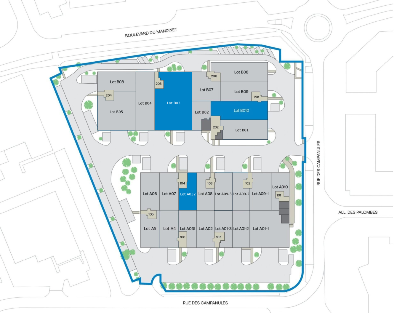 Plan de situation d'un ensemble immobilier avec les lots étiquetés (A01 à B10), les espaces verts, les cheminements et les rues environnantes : Boulevard du Mandonet, Rue des Campanules et All. des Palombes.