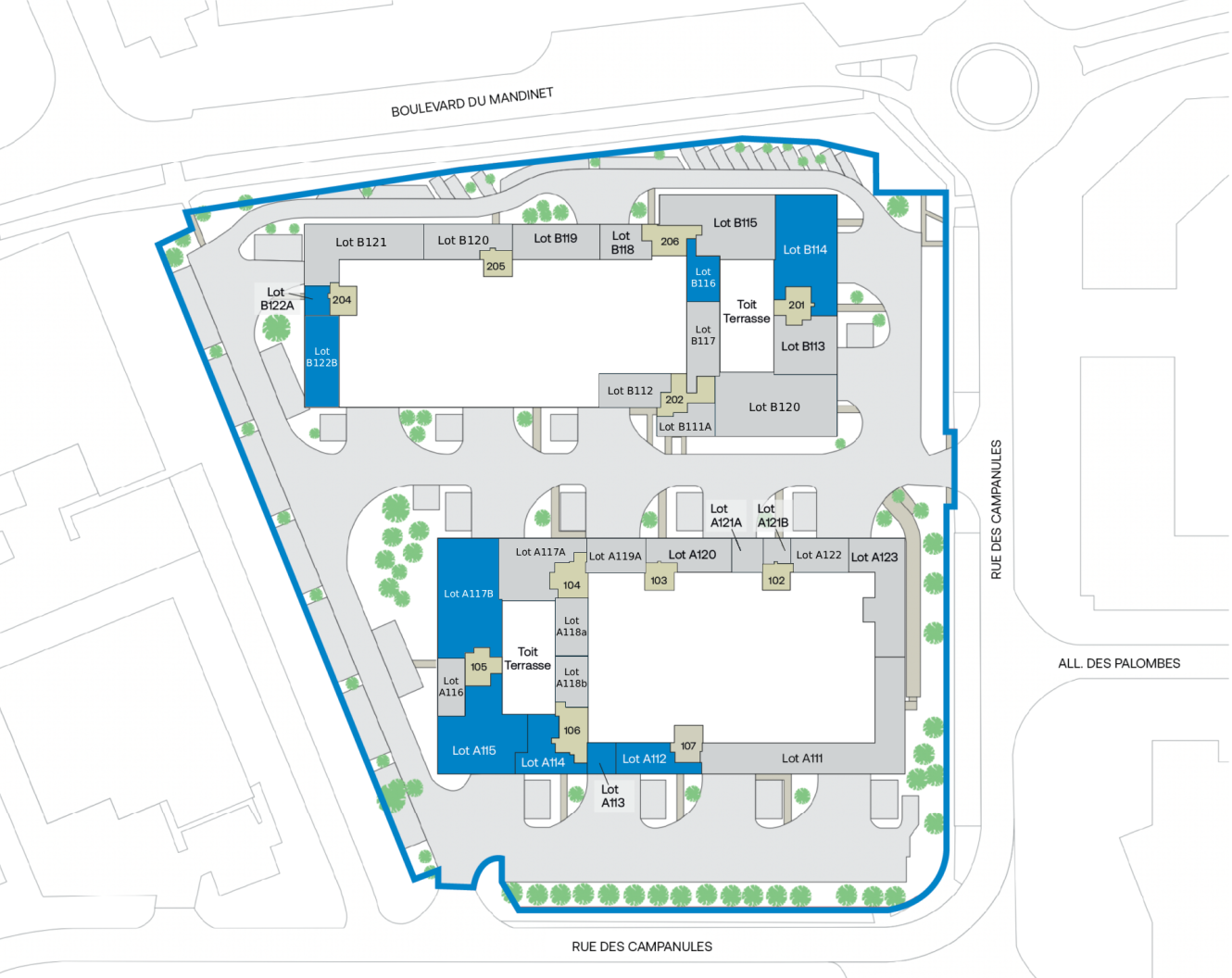 Plan de situation d'un complexe résidentiel montrant les lots étiquetés, les parkings, les espaces verts et les rues environnantes : Boulevard du Mandarin, Rue des Campanules, Allée des Palombes.