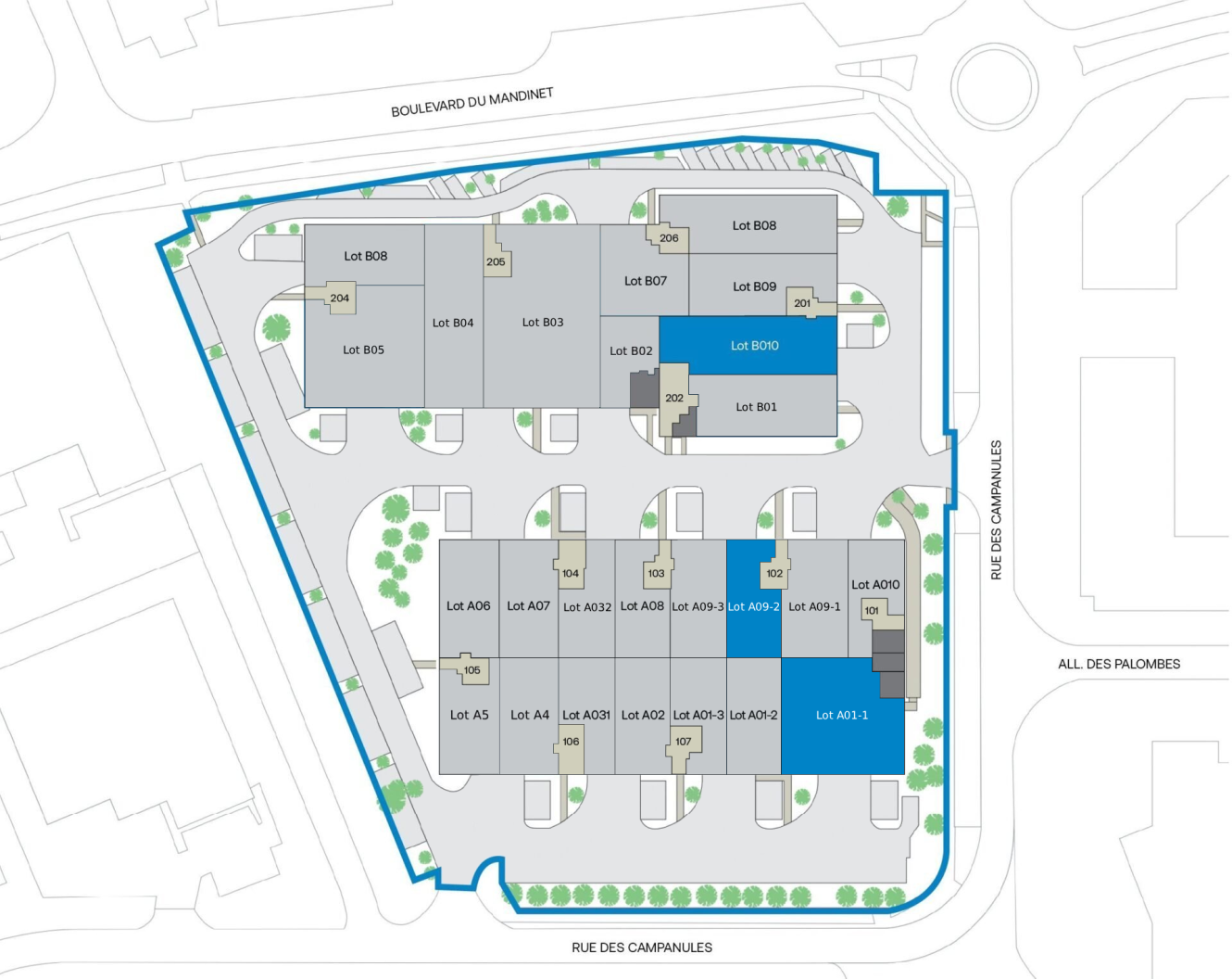 Plan de situation d'un complexe immobilier avec identification des lots, des routes internes, des rues environnantes et des espaces verts ; les lots A0.1 et A0.2 sont en bleu.