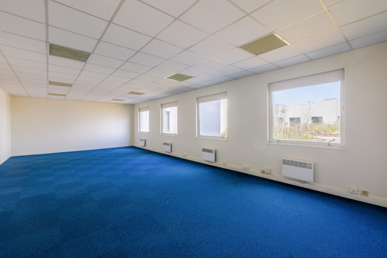 Bureau vide avec une moquette bleue, des murs blancs, plusieurs fenêtres avec des stores et des plafonniers fluorescents.