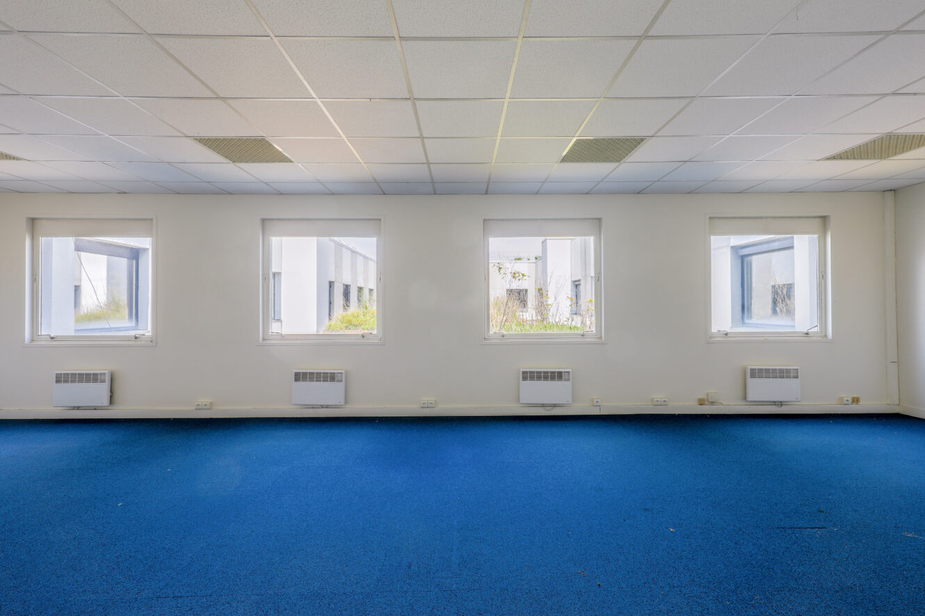 Pièce vide avec une moquette bleue, des murs blancs, quatre fenêtres carrées et des dalles de plafond avec un éclairage fluorescent.