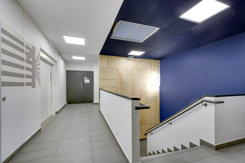 Une cage d'escalier intérieure moderne avec des murs aux accents bleus et boisés, des portes grises et des plafonniers lumineux. Le couloir a un sol carrelé et une décoration minimale.
