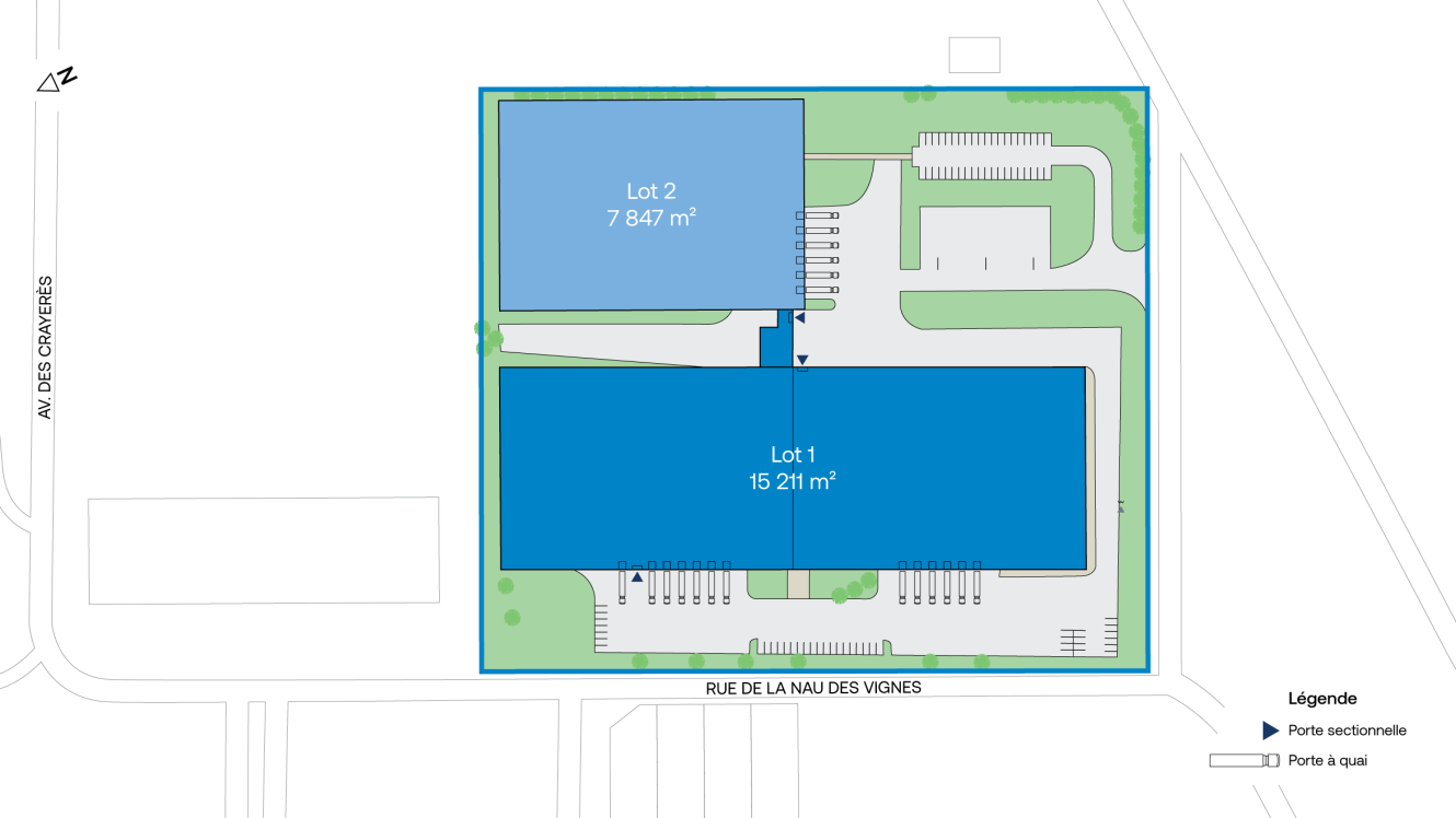 Plan du site montrant deux lots : Lot 1 (15 211 m²) et Lot 2 (7 847 m²), avec parking, quais de chargement et entrées, bordés par des routes.