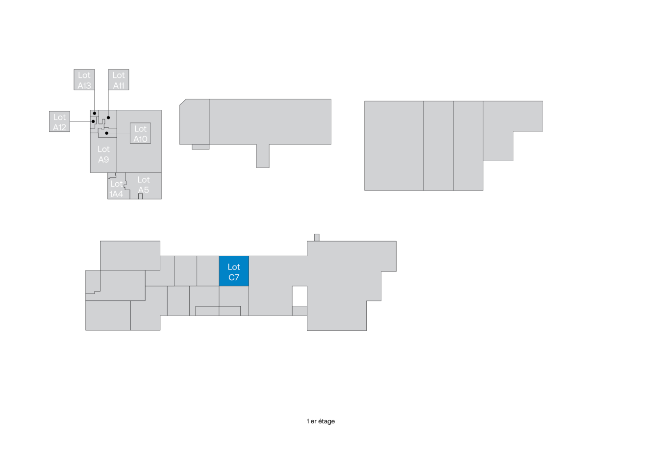 Plan d'étage avec plusieurs sections ; une zone étiquetée Lot C7 est surlignée en bleu, tandis que d'autres zones sont étiquetées avec différents numéros de lots en gris.