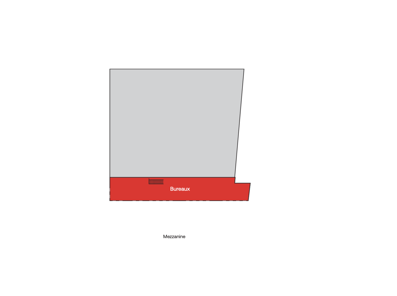 Schéma représentant un plan d'étage avec une grande zone grise et une section rouge étiquetée Bureaux en bas ; Mezzanine est écrit sous le plan.