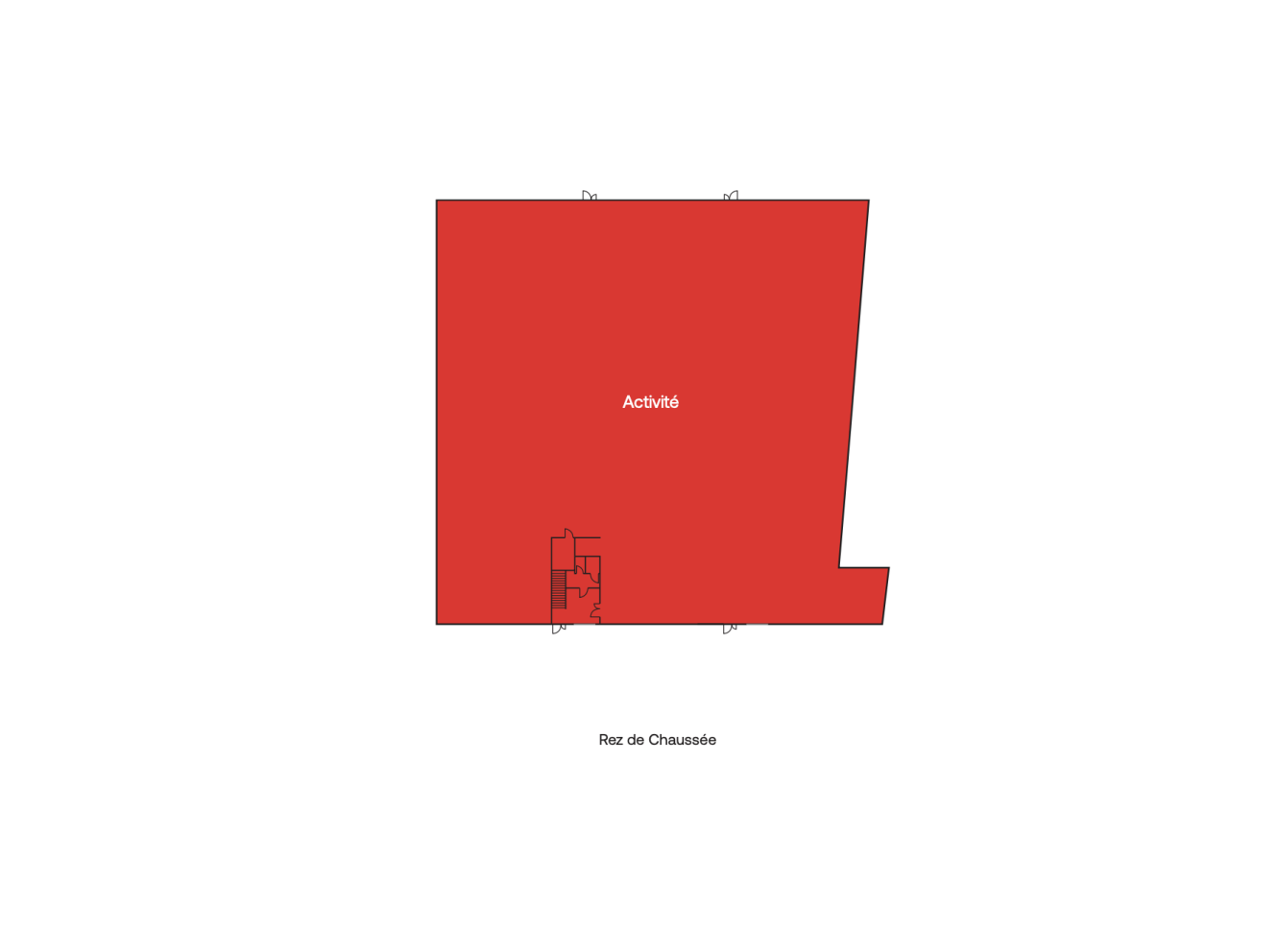 Un plan d'étage simple étiqueté Activité en rouge avec une petite section délimitée en bas à gauche ; étiqueté Rez de Chaussée en dessous.