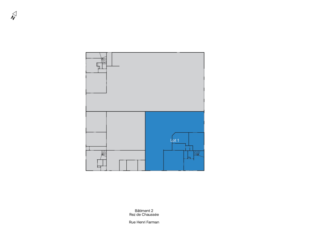 Plan du Bâtiment 2, montrant le rez-de-chaussée avec le lot 1 en bleu, situé sur la rue Henri Farman. Le nord est indiqué dans le coin supérieur gauche.