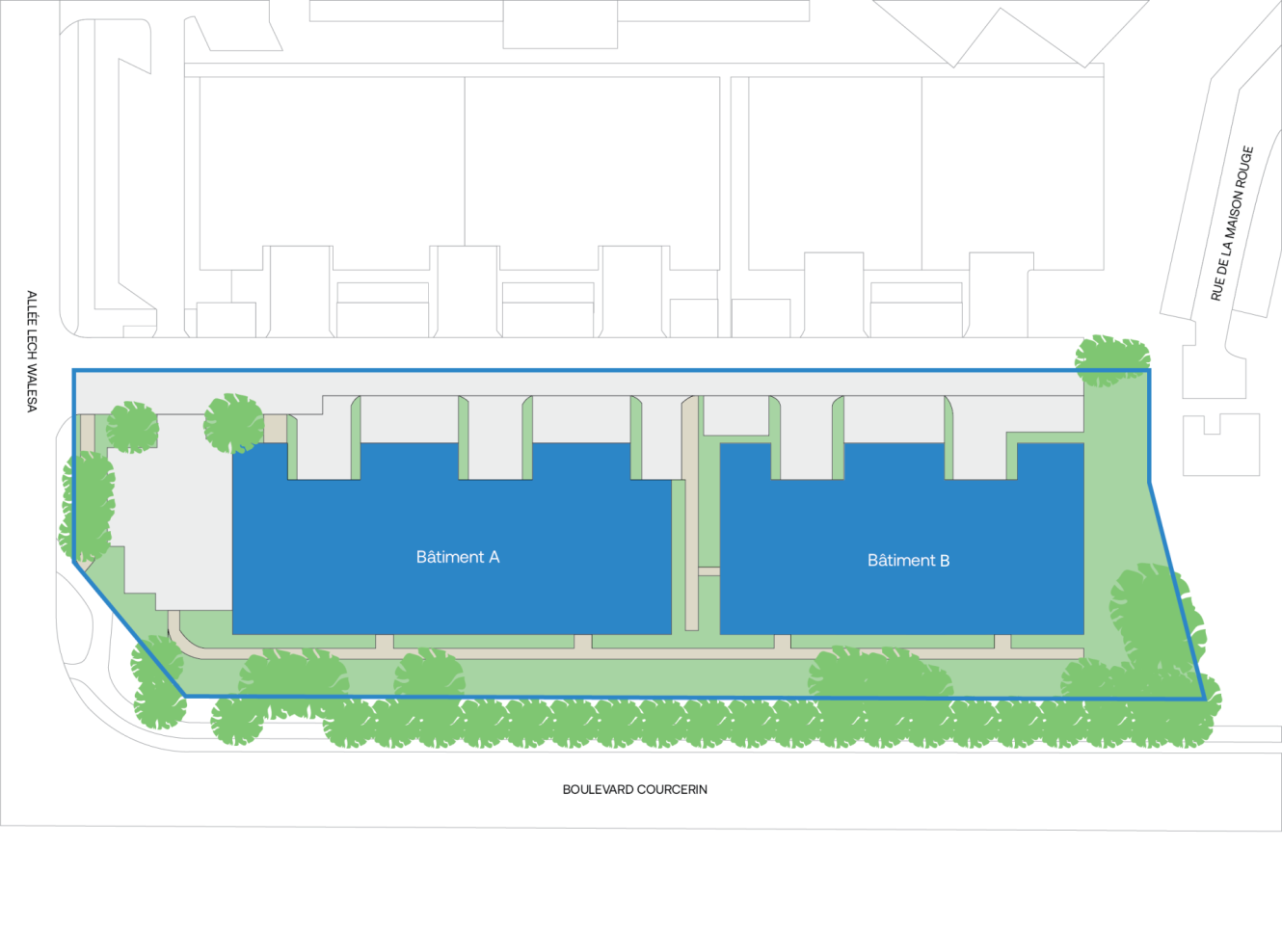 Plan du site représentant deux bâtiments bleus intitulés « Bâtiment A » et « Bâtiment B », entourés d'arbres, avec les rues avoisinantes indiquées sur trois côtés.