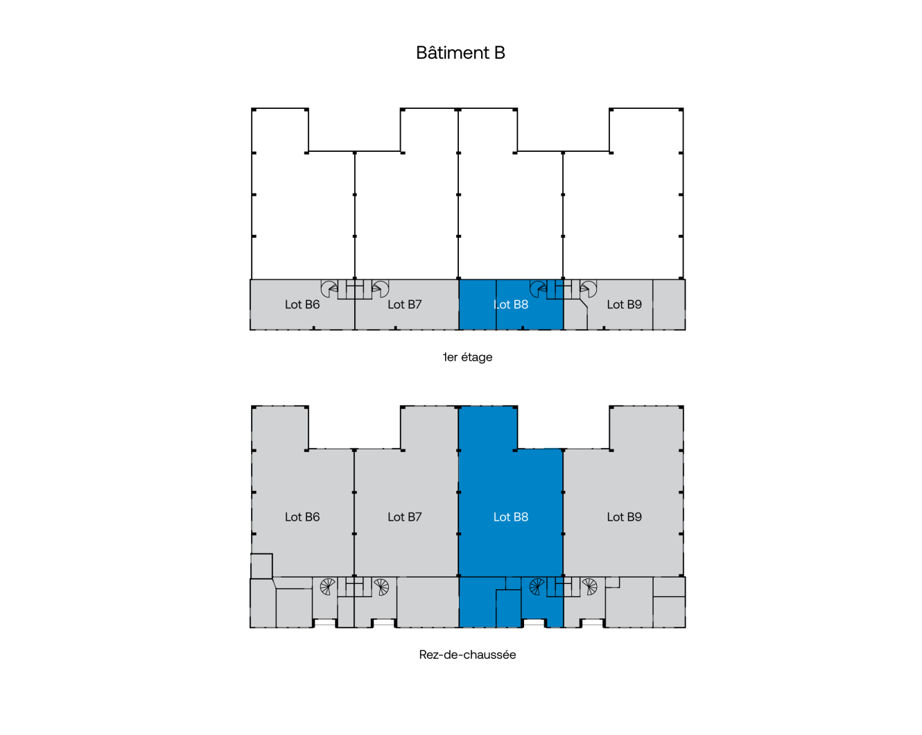 Plan d'étage du Bâtiment B présentant deux niveaux ; le lot B8 est surligné en bleu sur les deux niveaux, tandis que les lots B6, B7 et B9 apparaissent en gris.