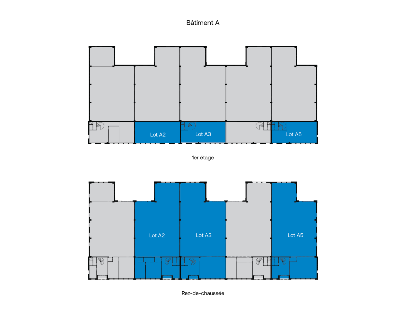 Plan du Bâtiment A, avec les lots A2, A3 et A5 mis en évidence en bleu tant au rez-de-chaussée qu'au 1er étage.