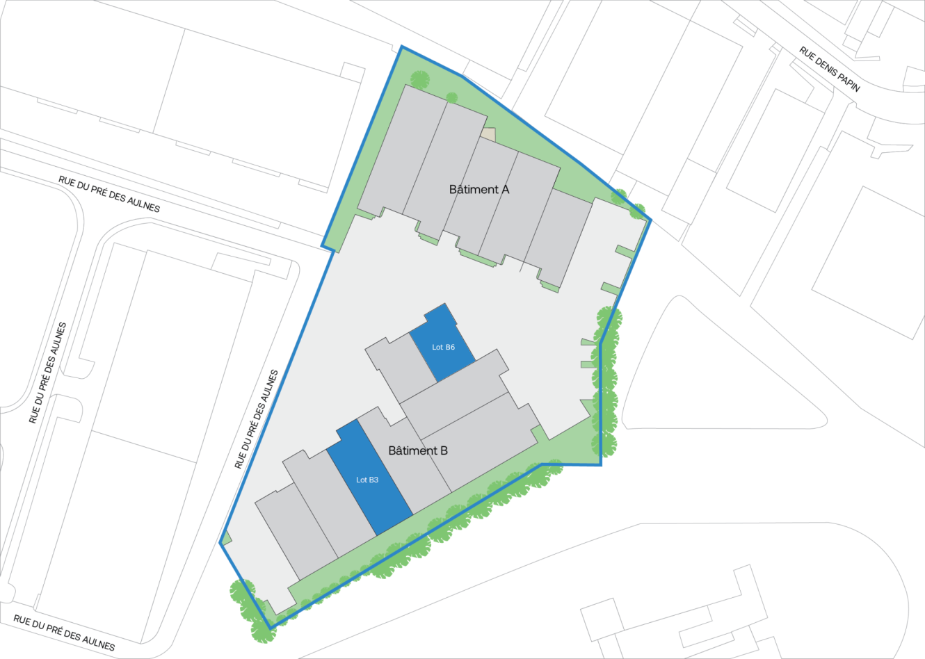 Plan de site représentant deux bâtiments intitulés « Bâtiment A » et « Bâtiment B », les zones du lot B3 étant surlignées en bleu, entourées de rues et de bordures vertes.