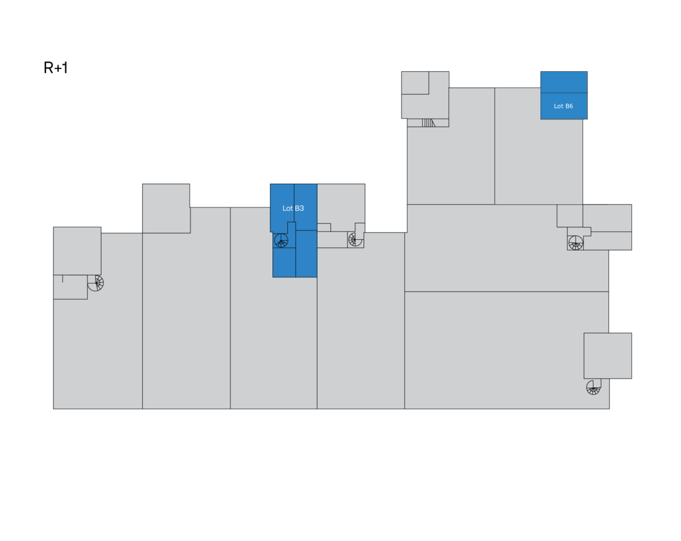 Le plan au sol portant la mention « R+1 » présente plusieurs parcelles rectangulaires, parmi lesquelles les parcelles n° 83 et n° 86 sont mises en évidence en bleu.