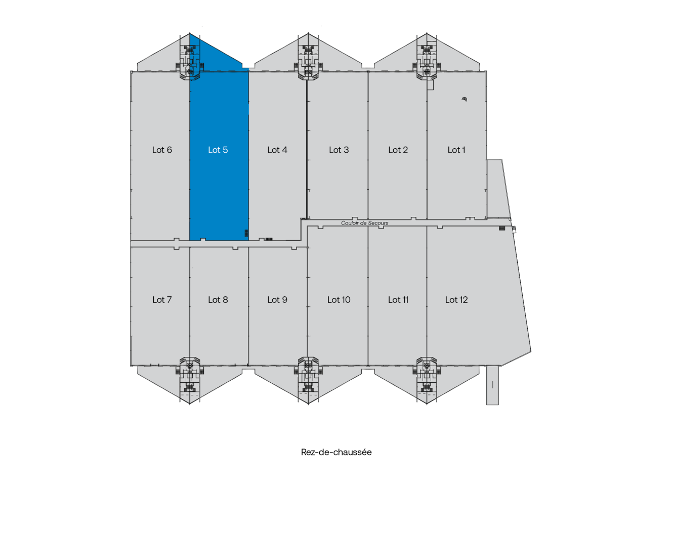 Plan d'étage montrant douze lots étiquetés ; le lot 5 est surligné en bleu. Le texte Rez-de-chaussée apparaît sous le plan.