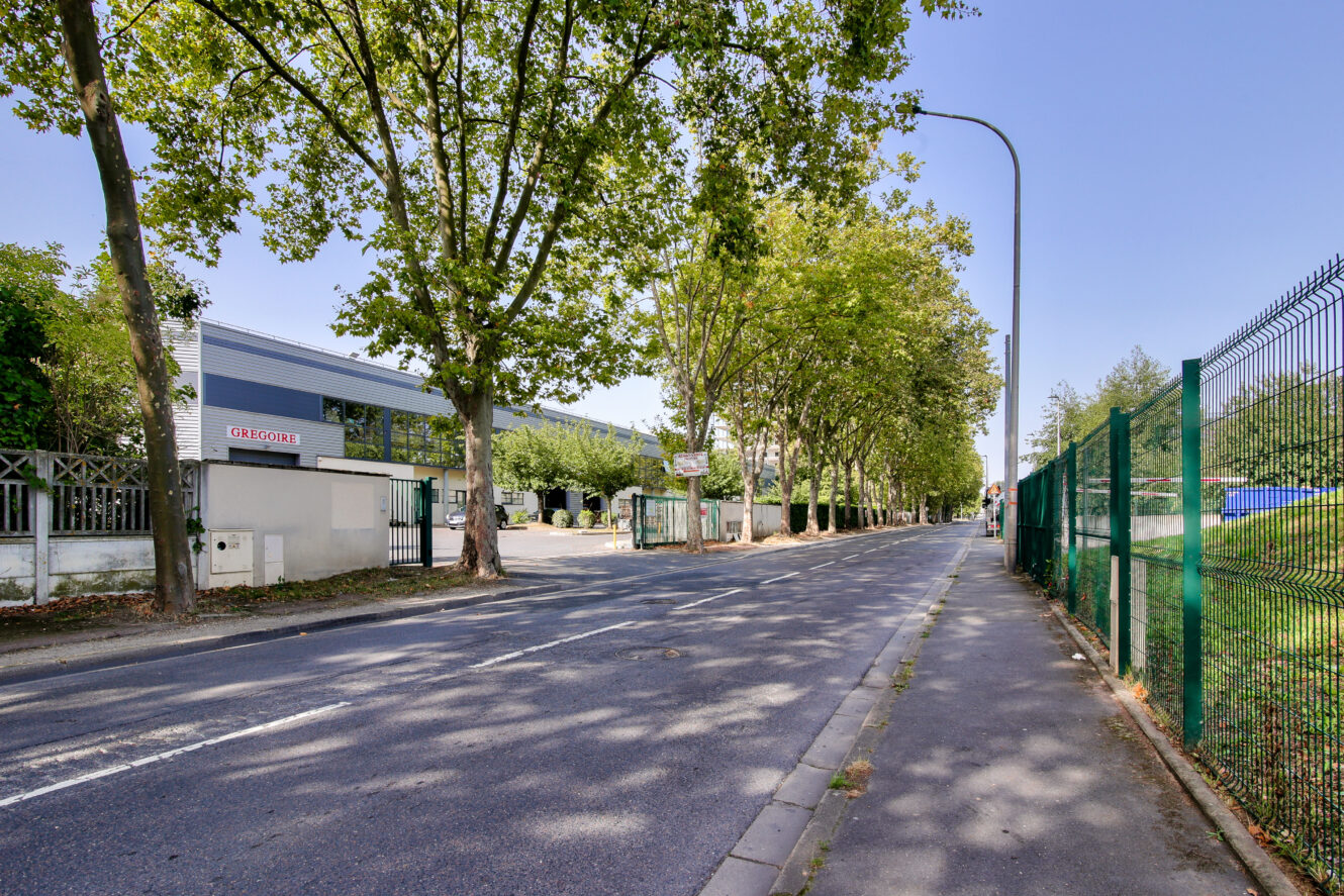 Une rue calme et vide bordée d'arbres, une clôture métallique sur la droite et un bâtiment industriel avec une enseigne Gregorys sur la gauche, sous un ciel dégagé.